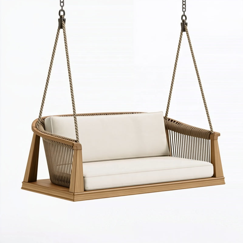 Dondolo sospeso 130 x 70 x 65 cm in legno e corda beige per esterno coperto