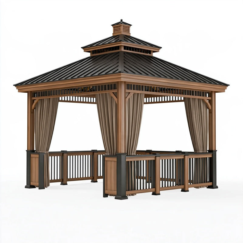 Gazebo da giardino 400 x 400 x 320 cm in metallo marrone con tende - copertura a padiglione
