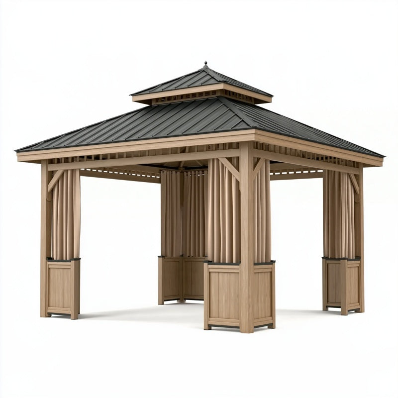 Gazebo da giardino 400 x 400 x 330 cm in legno beige e metallo nero con tende laterali