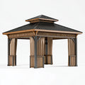 Gazebo da giardino 300 x 300 cm in metallo nero e legno con tende - copertura a doppio tetto