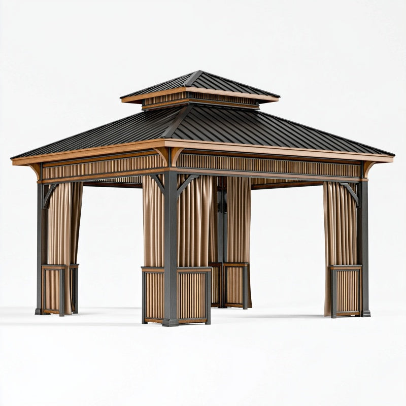 Gazebo da giardino 300 x 300 cm in metallo nero e legno con tende - copertura a doppio tetto