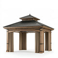 Gazebo da giardino 400 x 400 cm in legno marrone con tetto in metallo e tende