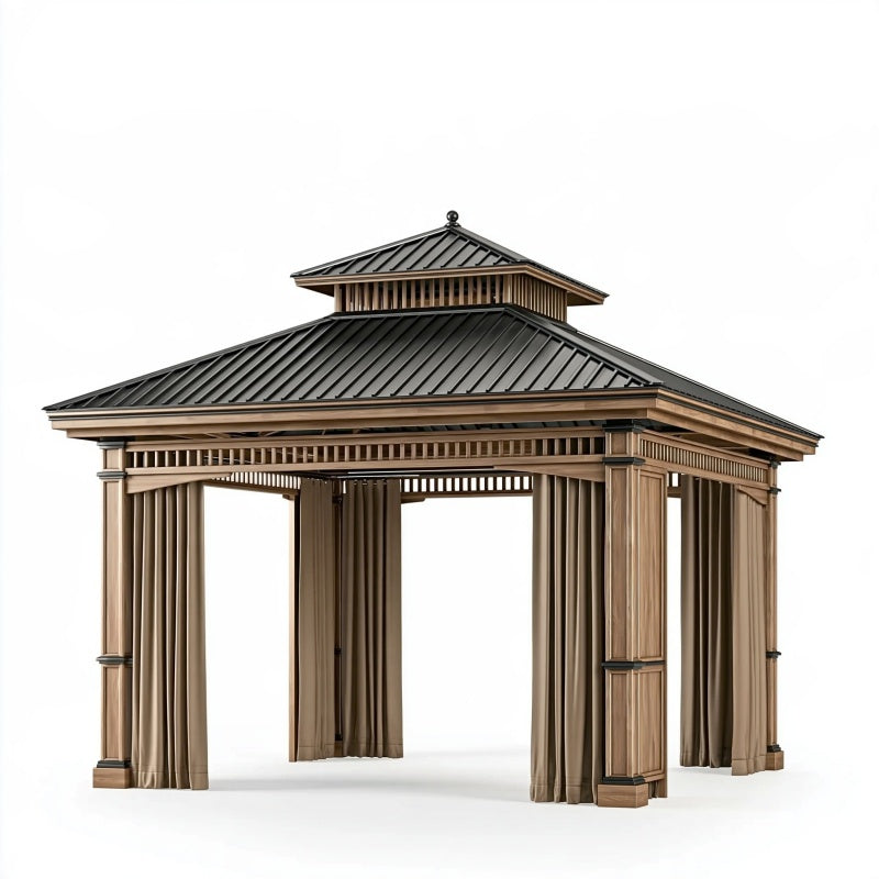 Gazebo da giardino 400 x 400 cm in legno marrone con tetto in metallo e tende