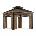 Gazebo 300 x 300 cm in metallo nero e legno con tende laterali per esterno