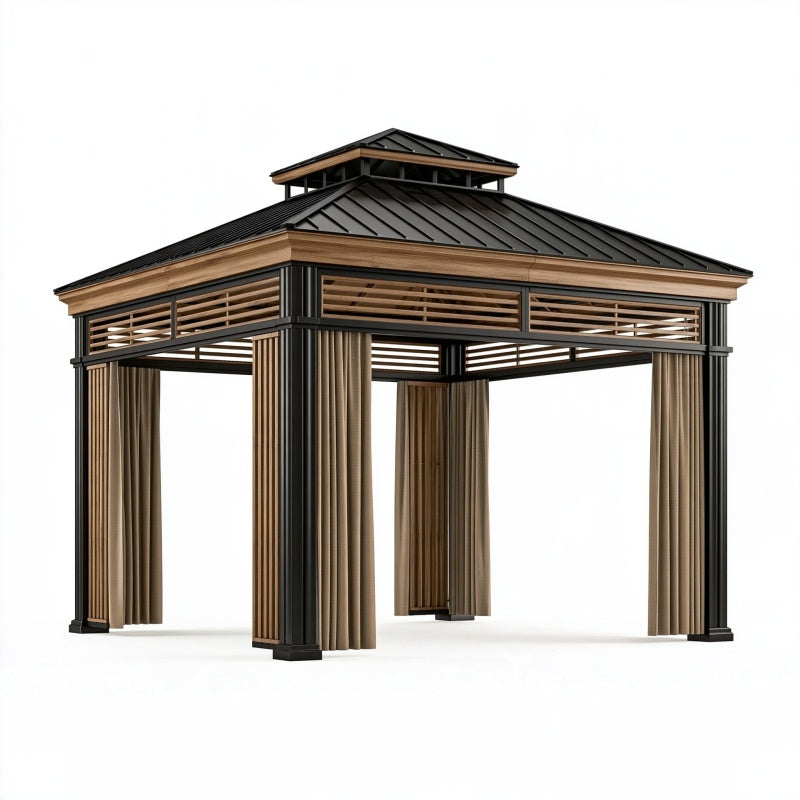 Gazebo 300 x 300 cm in metallo nero e legno con tende laterali per esterno