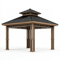 Gazebo da giardino 300 x 300 cm in legno marrone con tetto in metallo nero