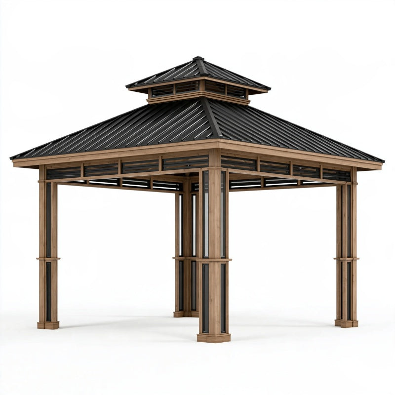 Gazebo da giardino 300 x 300 cm in legno marrone con tetto in metallo nero
