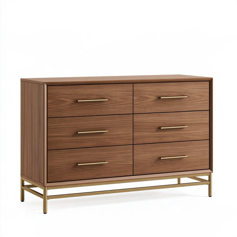 Cassettiera 140 x 45 x 85 cm in legno marrone con struttura in metallo dorato - 6 cassetti stile moderno