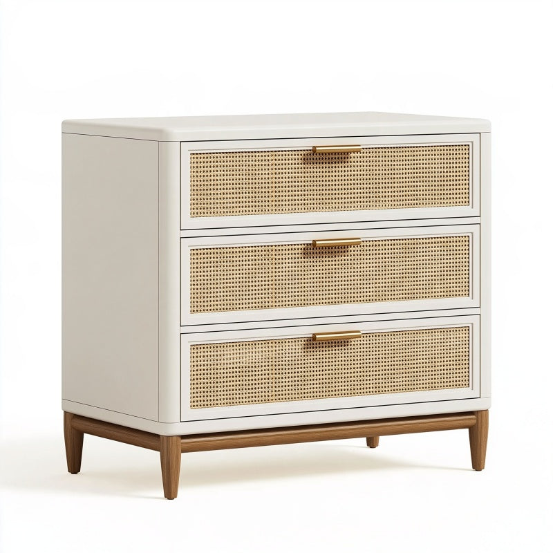 Cassettiera 90 x 45 x 90 cm in legno bianco con rattan a 3 cassetti stile retrò