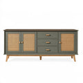 Credenza 160 x 40 x 85 cm in legno verde con ante in rattan e cassetti stile nordico