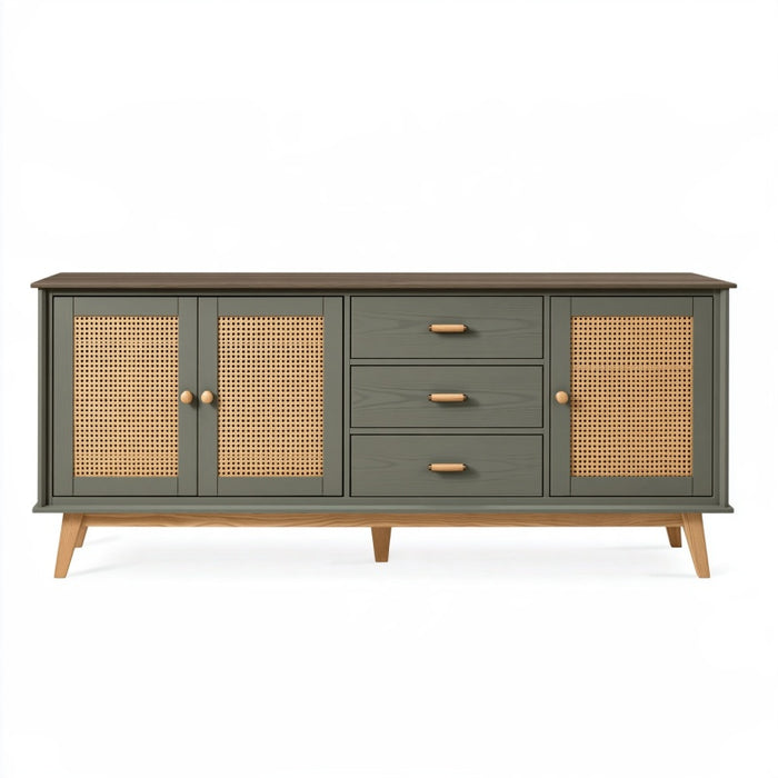 Credenza 160 x 40 x 85 cm in legno verde con ante in rattan e cassetti stile nordico